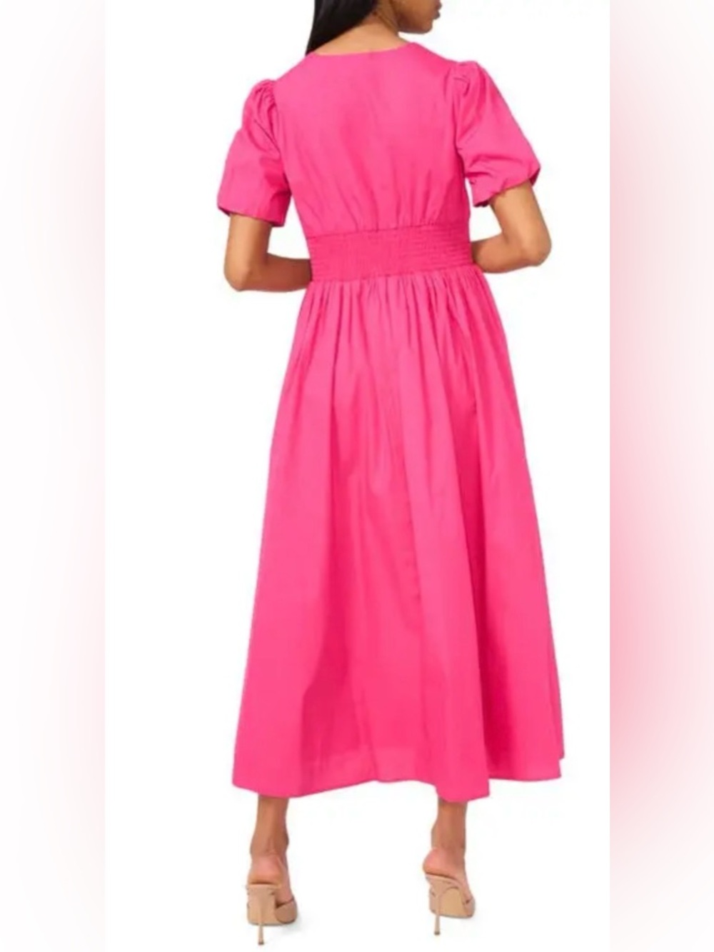 CECE DUPRAZ Ruched Waist V-Neck Short Puff Sleeve Cotton Maxi Dress NWOT - Picture 2 of 9